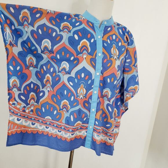 J. McLaughlin Button Front Poncho Printed Blue Orange Boxy Relaxed Women XS - Picture 5 of 10